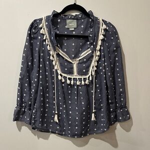 Maeve Blue Blouse with White Accents- Boho, Flowy